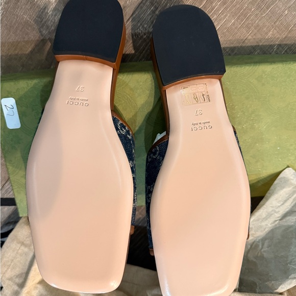 Gucci Denim and Gold Slide Sandals - Picture 3 of 4